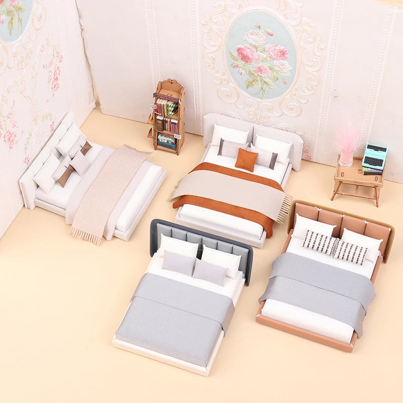 Dollhouse Miniature Cream Double Bed | 1:20 Scale Furniture Model Dollhouse Furniture Axl
