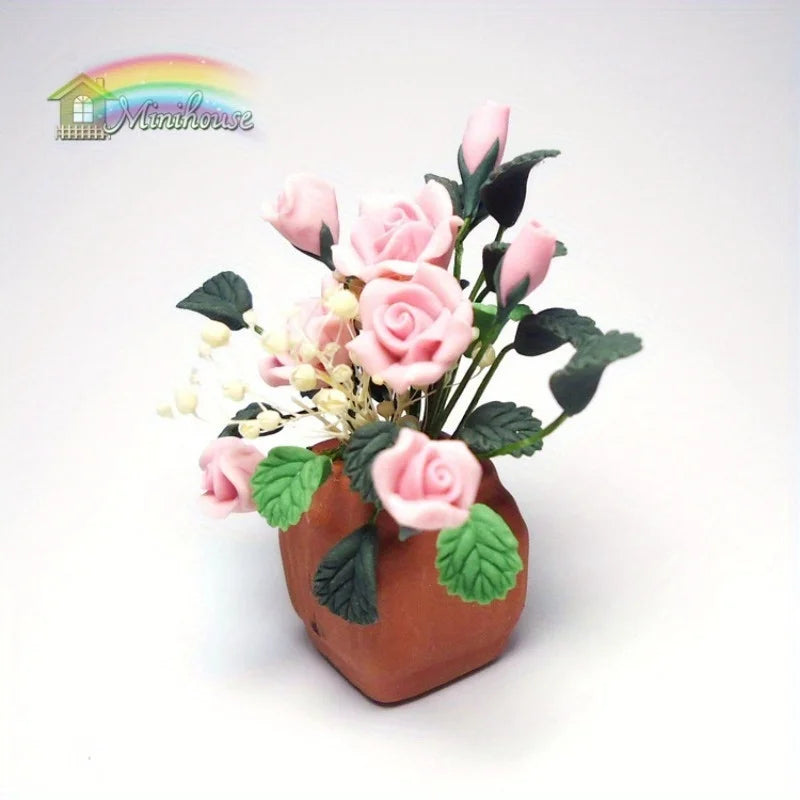 1/12 Scale Mini Clay Rose Potted Plant | Dollhouse Miniature Dollhouse Miniature Axl