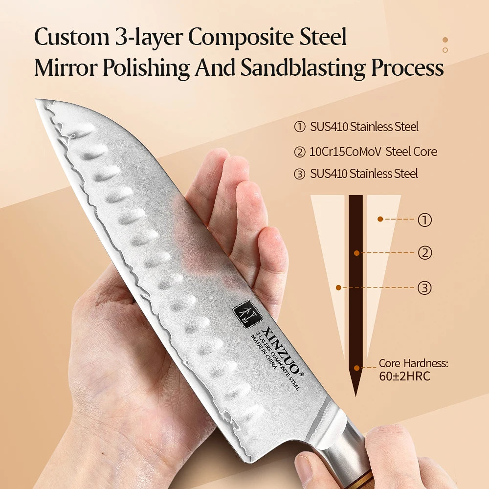 XINZUO 7" Santoku Knife | 3-Layer Steel & Pakkawood Handle Santoku Knife Axl