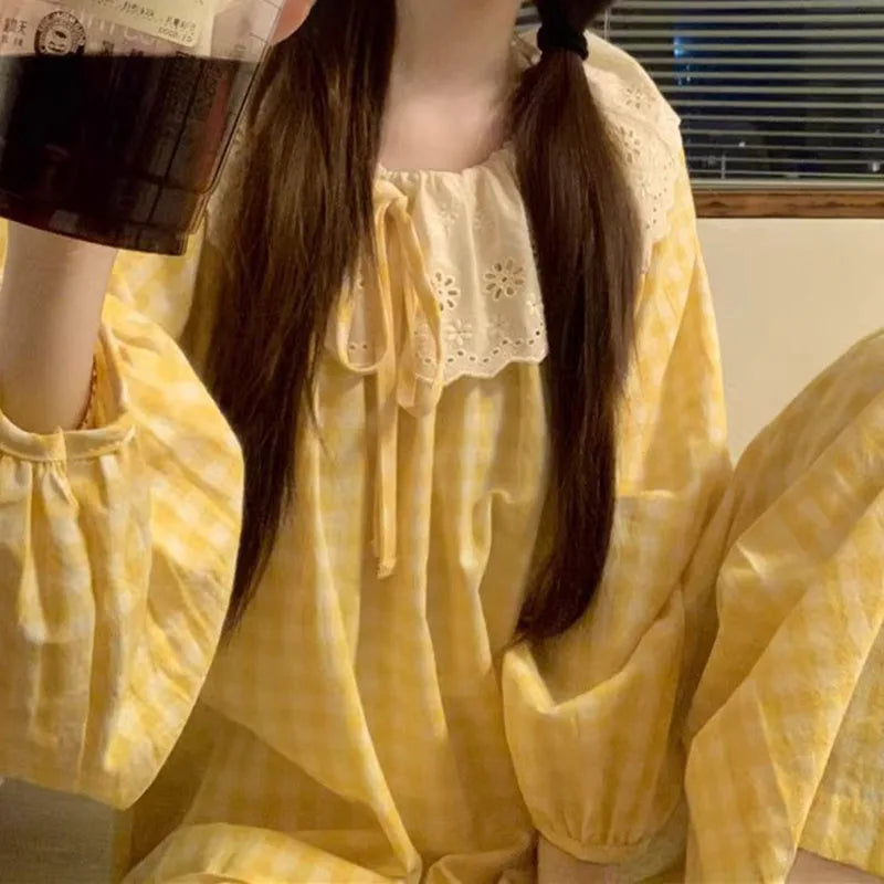 Women's Yellow Plaid Pajama Set – Long Sleeve Sleepwear Women's Pajama Set Axl
