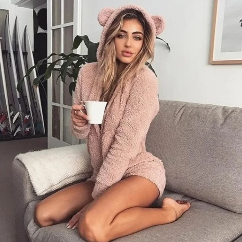 Women's Velvet Bear Ear Hoodie Pajamas – Long Sleeve Winter Set Hoodie Pajama Set Axl