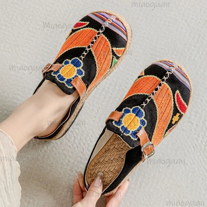 Women's Embroidered Linen Mule Slippers – Flat Ethnic Sandals Mule Slippers Axl