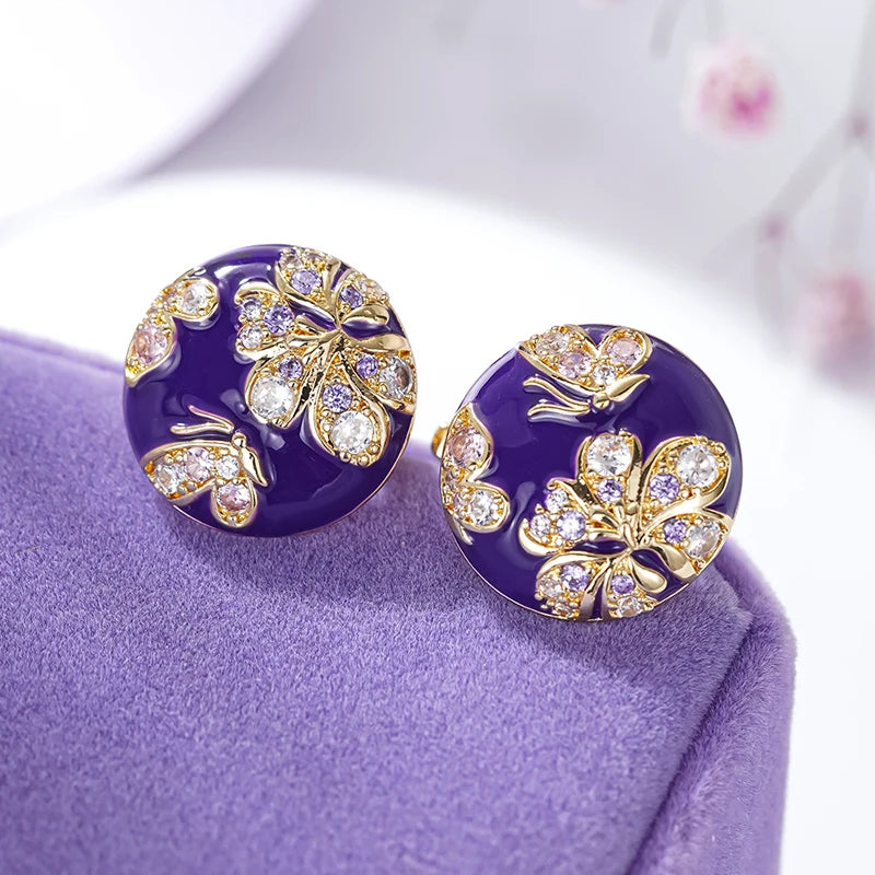 Huitan Purple Flower Enamel Gold Hoop Earrings for Women Hoop Earrings Axl