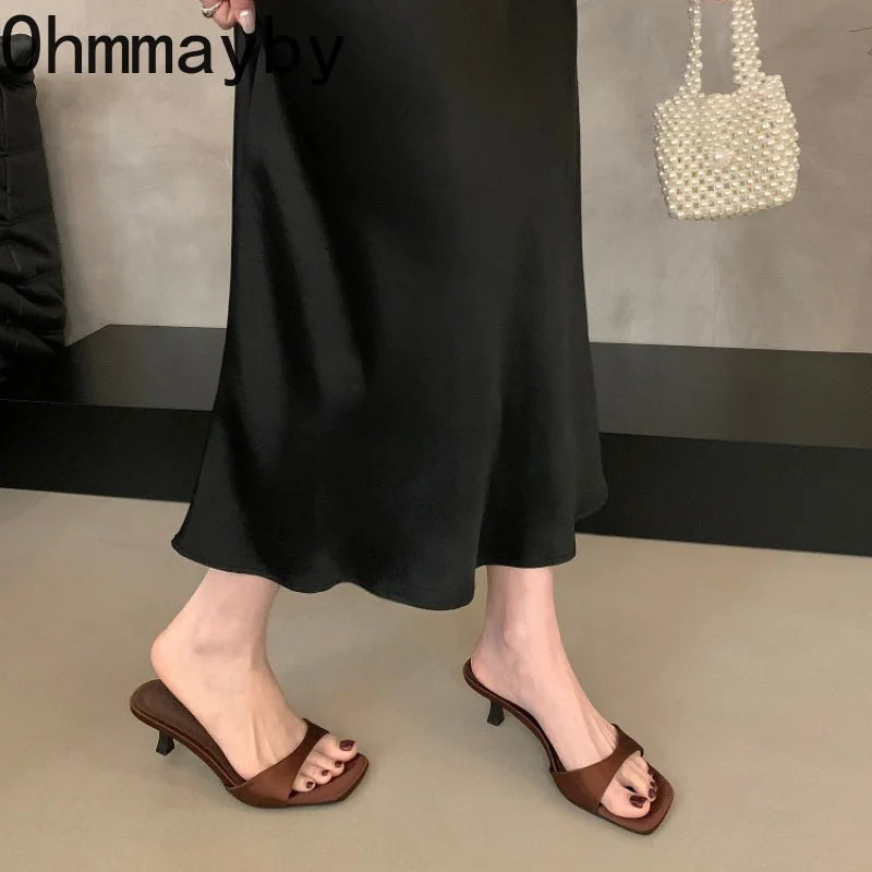 Women's Open Toe Silk Slide Slippers – Elegant Low Heel Mules Slide Slippers Axl