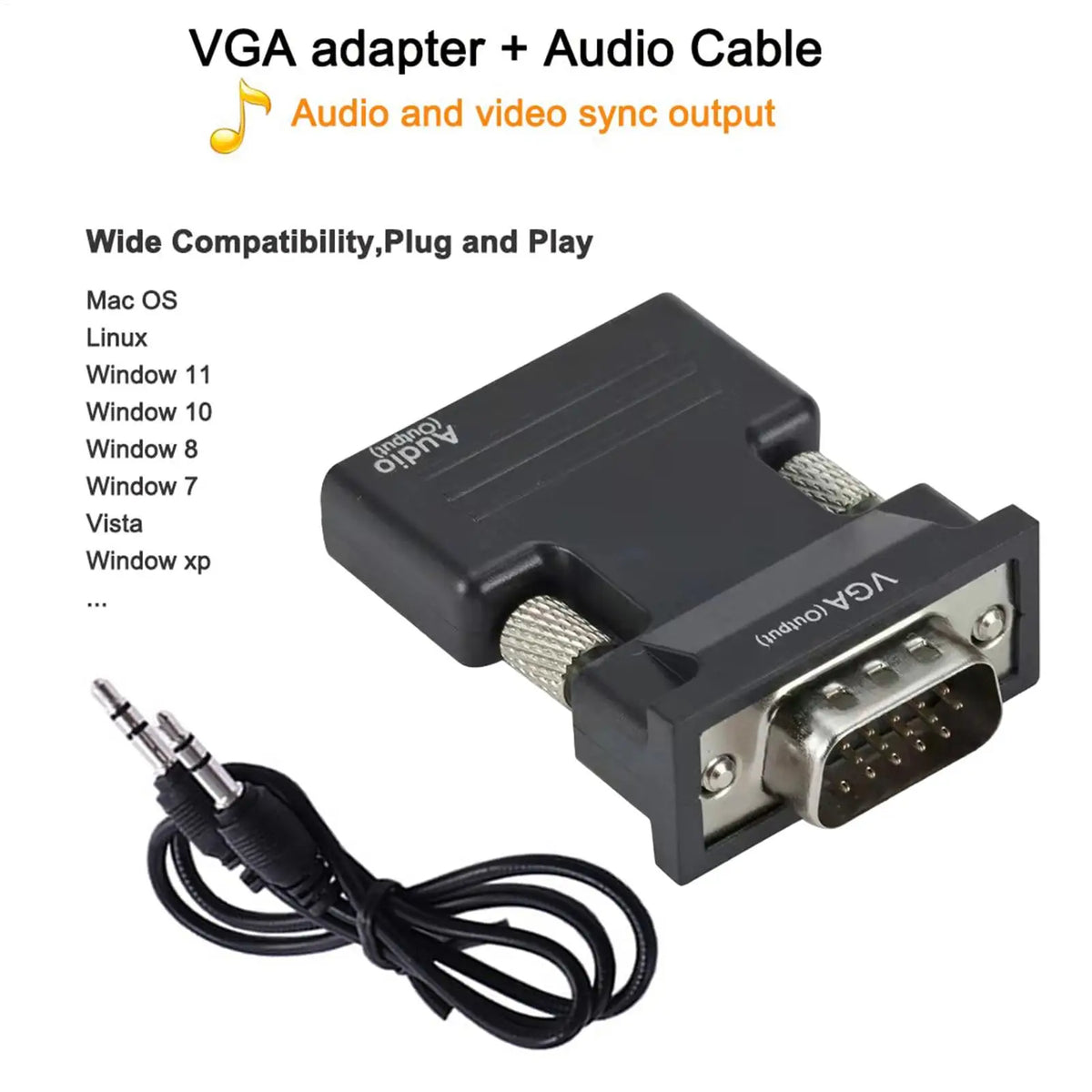 HDMI to VGA Adapter 1080P with 3.5mm Audio – Laptop & Projector Display Adapter Cable Axl