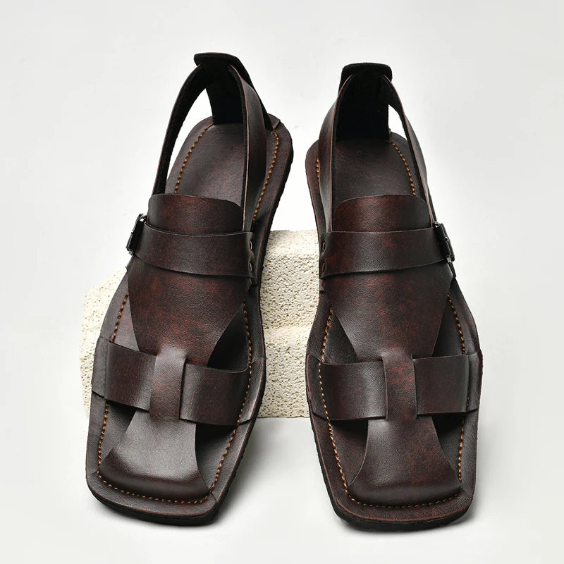 Men's Leather Beach Sandals – Anti-Collision Toe Aqua Shoes Men's Beach Sandals Axl