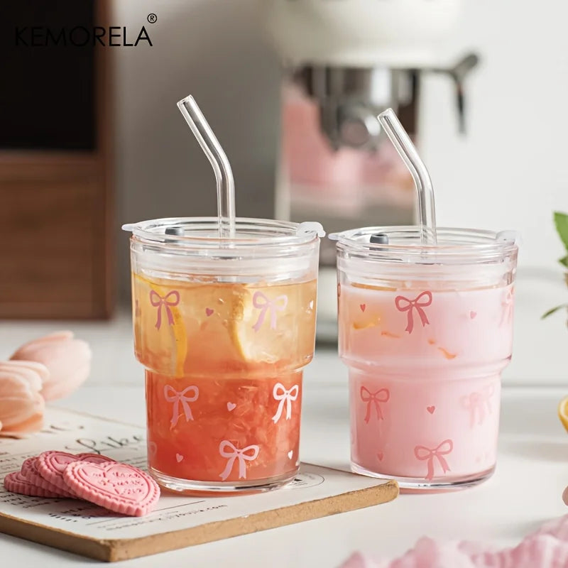 KEMORELA 380ml Pink Bow Glass Cup with Lid & Glass Straw Glass Cup Set Axl