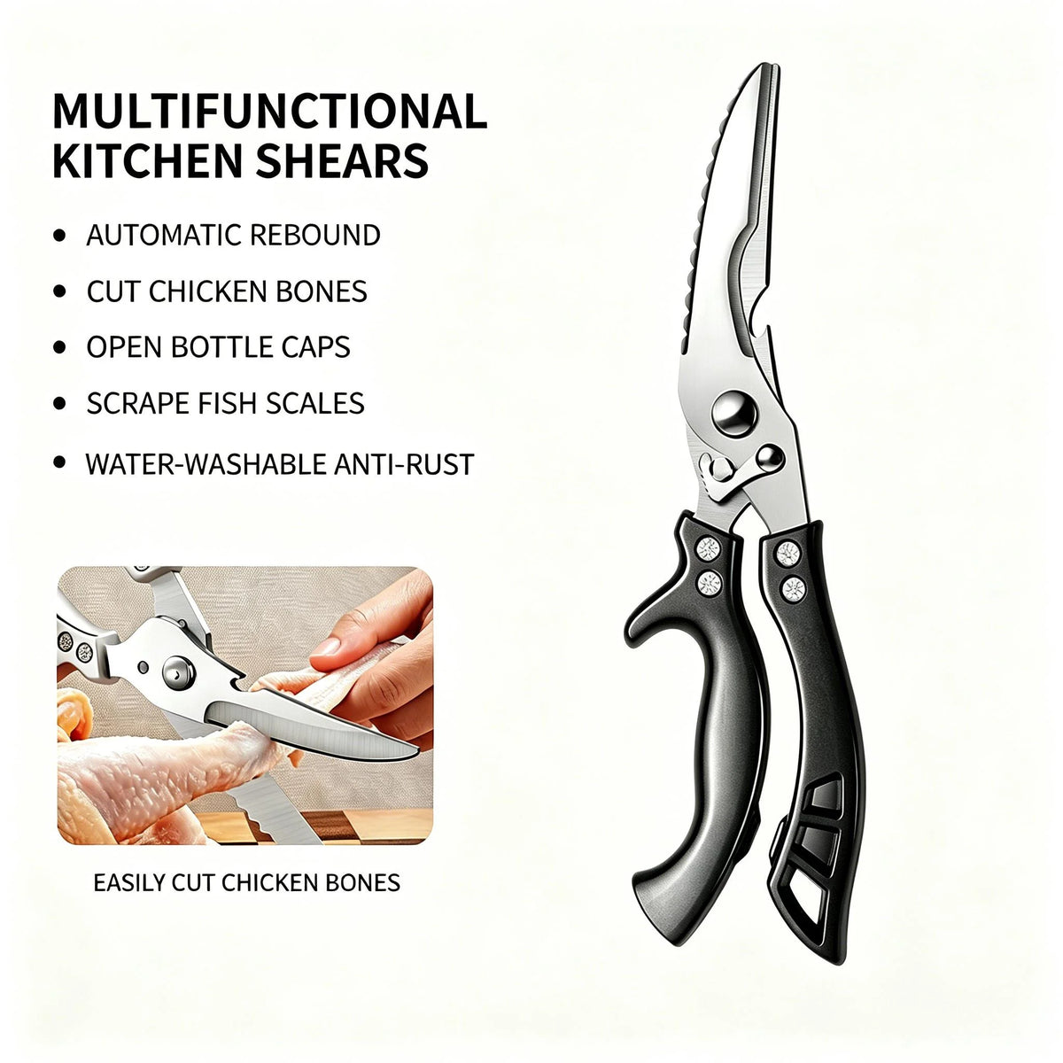 Professional Kitchen Shears – Stainless Steel Bone Scissors Kitchen Shears Axl black