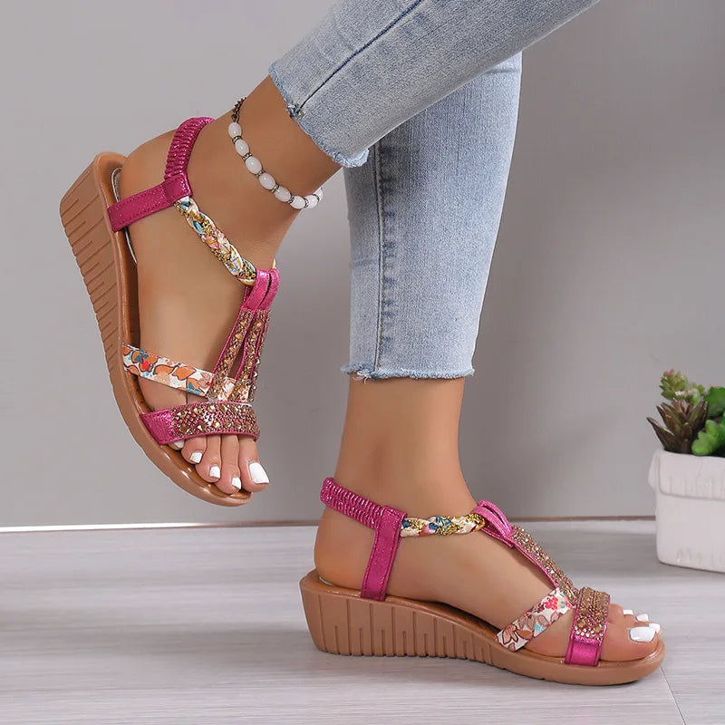 Bohemian Rhinestone Women's Wedge Sandals – Peep Toe Beach Wedge Sandals Axl Rosy Red 42
