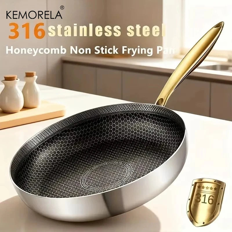 KEMORELA 316 Stainless Steel Non-Stick Honeycomb Skillet Wok Non-Stick Skillet Axl