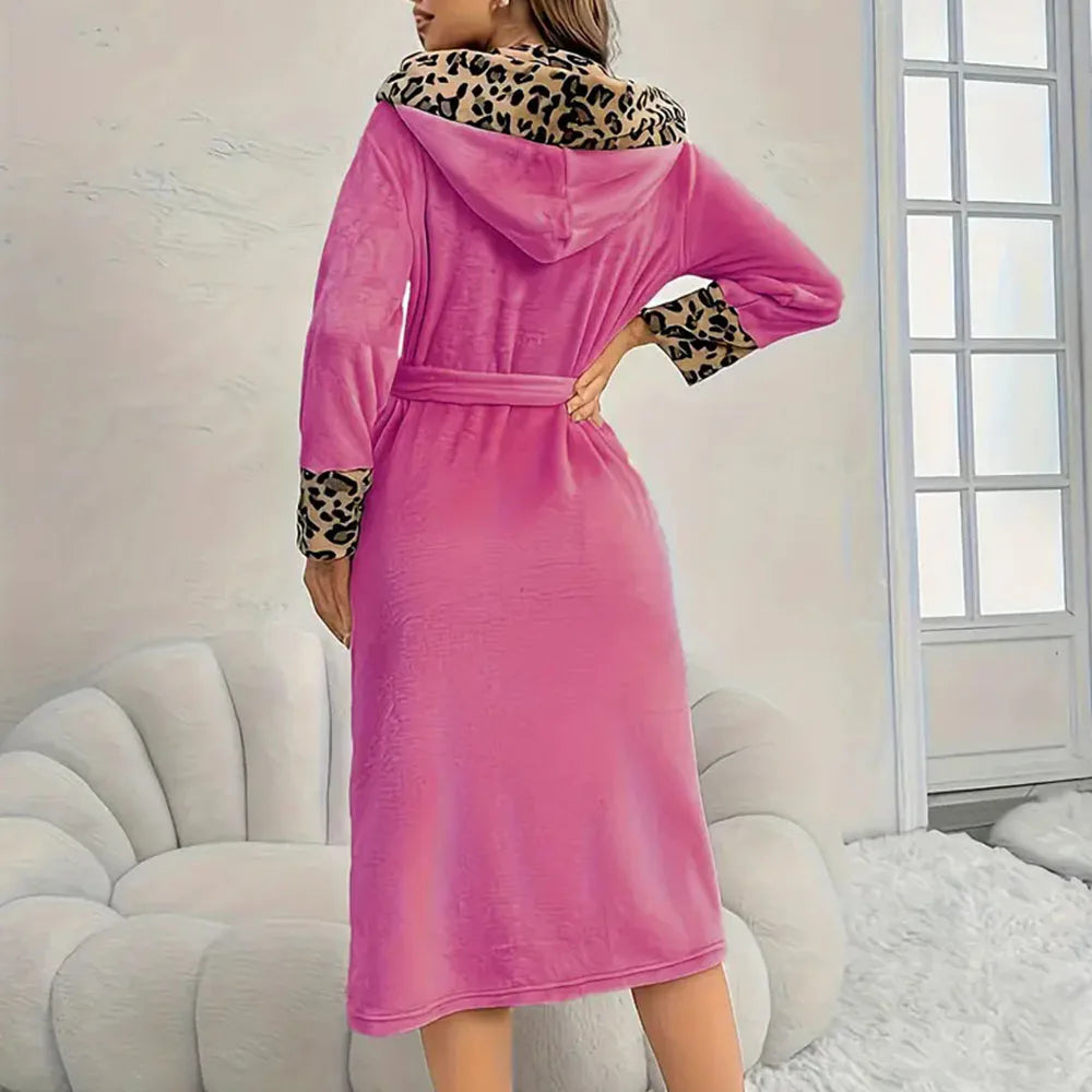 Women's Flannel Hooded Bathrobe – Leopard Kimono Robe & Belt Women's Bathrobe Axl
