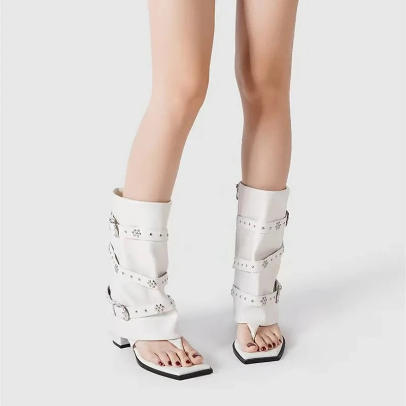 Women's Punk Ankle Boots | Square Toe High Heel Buckle Strap Punk Ankle Boots Axl