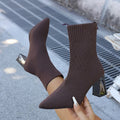 Women's Knitted Sock Ankle Boots | Pointed Toe Square Heel Sock Ankle Boots Axl Brown 38