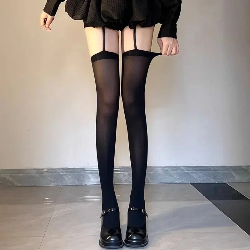 Thigh High Stockings with Garters | Y2K Lolita Over-Knee Socks Thigh High Stockings Axl Black-1pair One Size