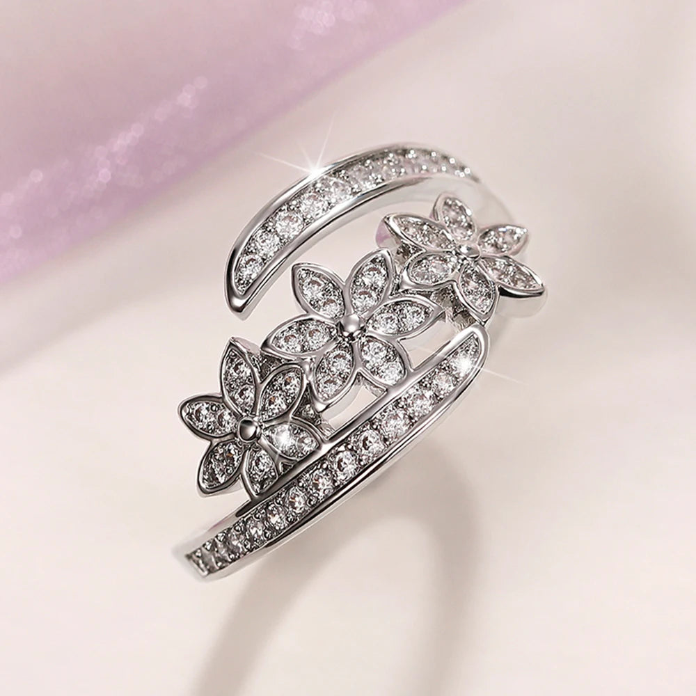 Huitan Silver Flower Adjustable Ring | Cubic Zirconia Bridal Fashion Ring Axl