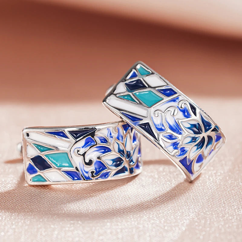 Huitan Blue Flower Hoop Earrings – Dainty Women's Jewelry Fashion Hoop Earrings Axl