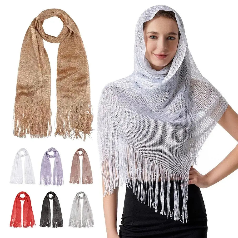 Lace Tassel Sheer Shawl Scarf – Gold & Silver Shimmer Fashion Scarf Axl