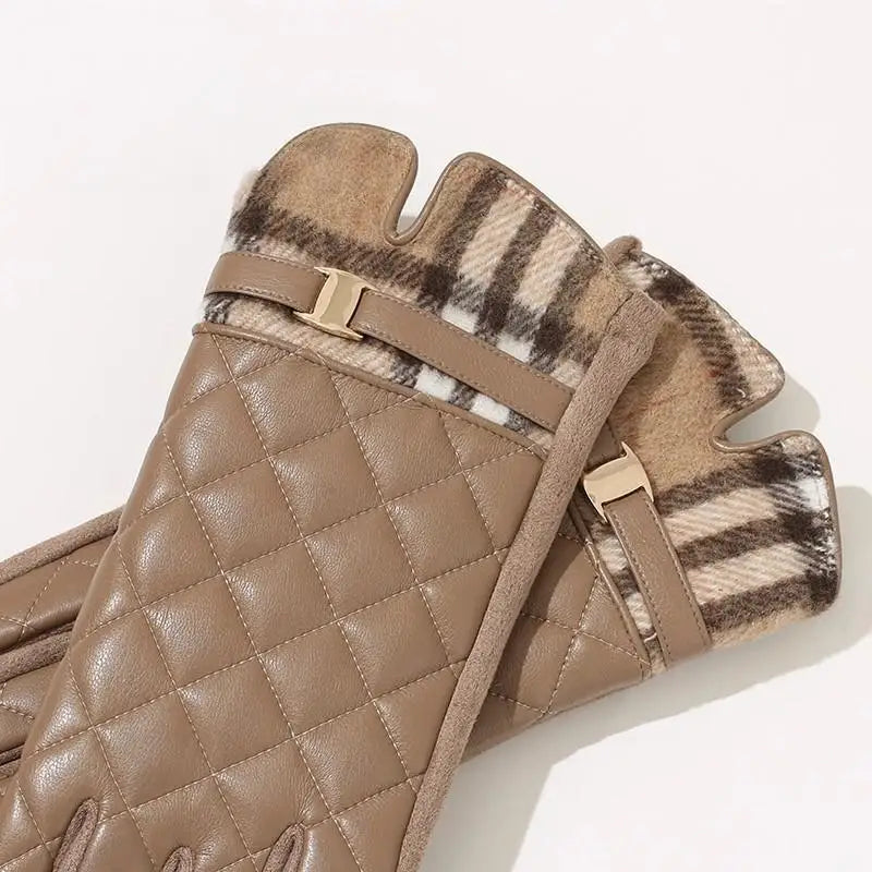 Women's Plaid PU Leather Touchscreen Winter Gloves | Plush Warm Winter Touchscreen Gloves Axl