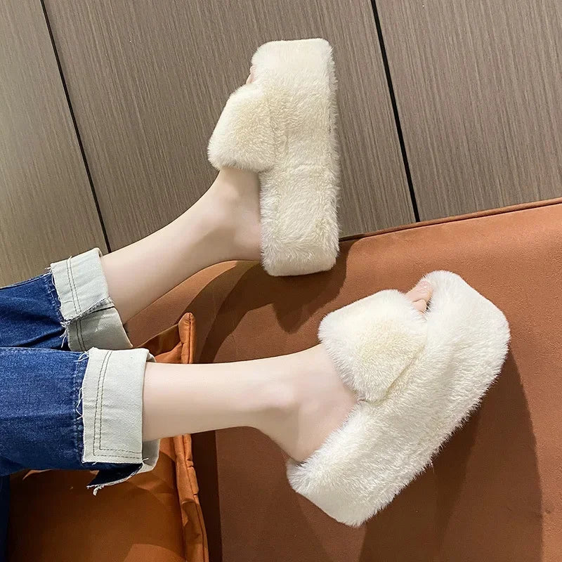 Women's Fluffy Platform Slides – Luxury Plush Fur Slippers Platform Fur Slippers Axl