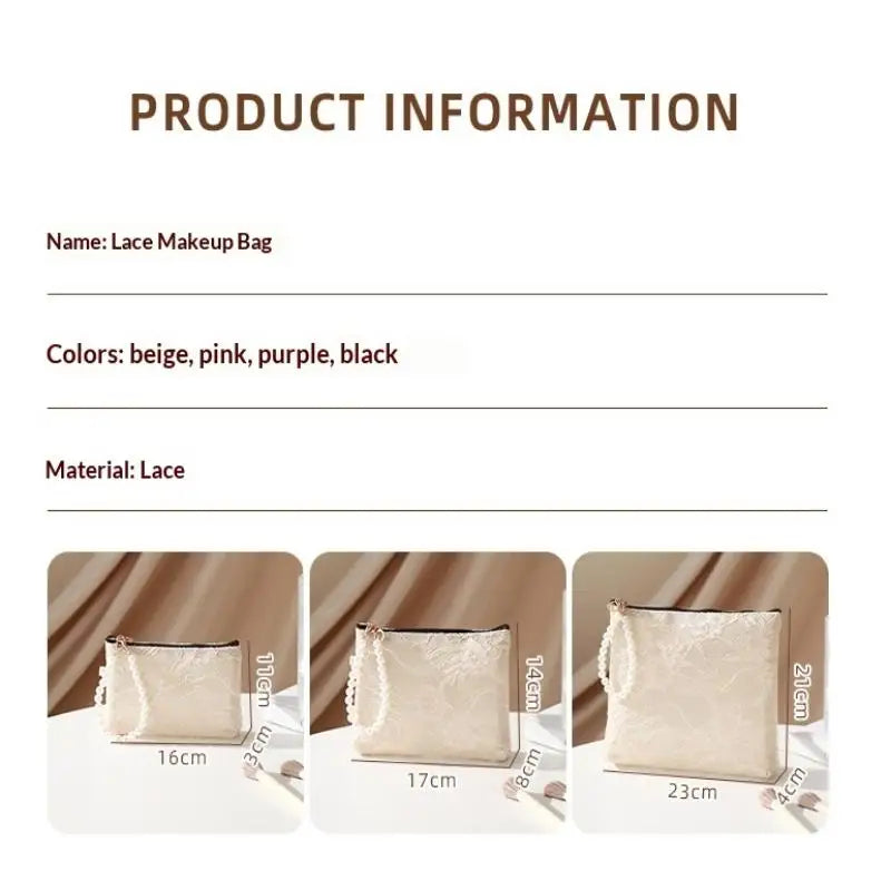 Lace Makeup Bag with Pearl Wrist Strap | Travel Cosmetic Pouch Cosmetic Bag Axl