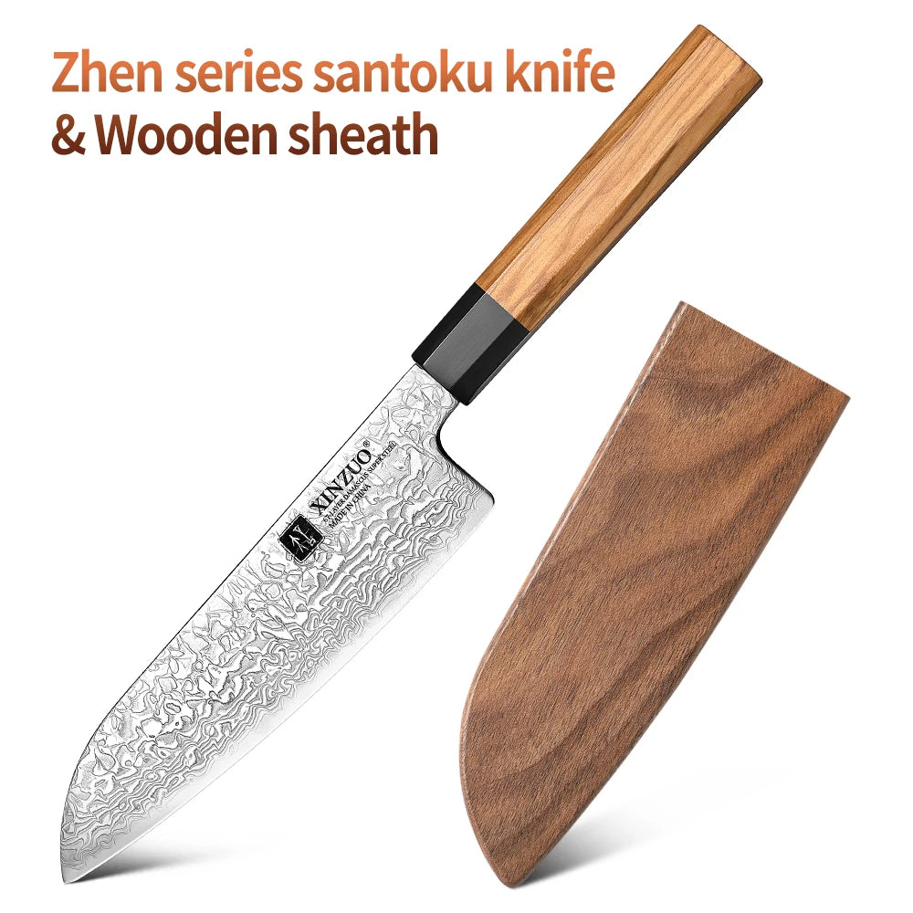 XINZUO 7.3" Damascus Santoku Knife – Olive Wood Handle Damascus Santoku Knife Axl with Wooden sheath