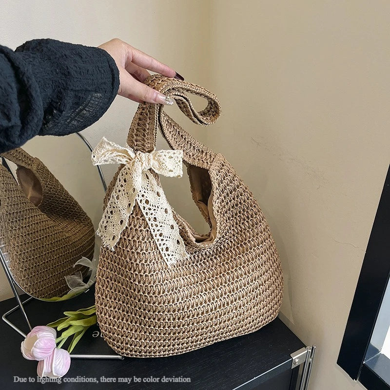 Women's Woven Straw Tote Bag – Large Beach Shoulder Handbag Straw Tote Bag Axl Khaki-01-1pcs