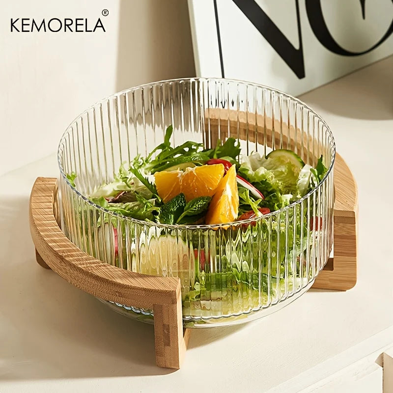 KEMORELA Striped Glass Bowl with Wooden Stand | Salad & Fruit Glass Serving Bowl Axl