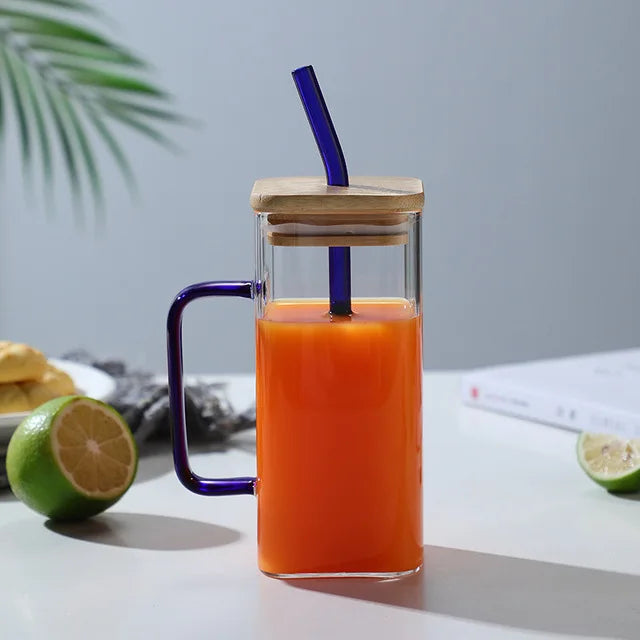400ml Square Glass Mug with Lid & Straw | Microwave Safe Glass Mug Axl Yellow Handle 400ml