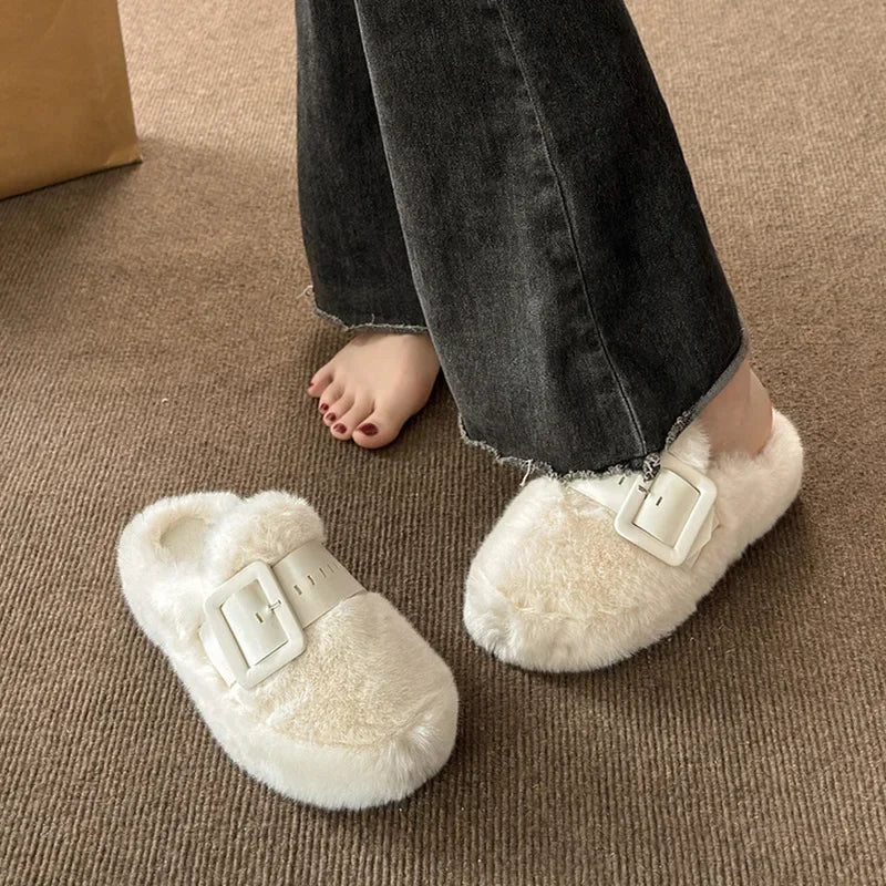 Women's Fluffy Wool Fur Slides – Warm Plush Winter Slippers Fur Mule Slippers Axl
