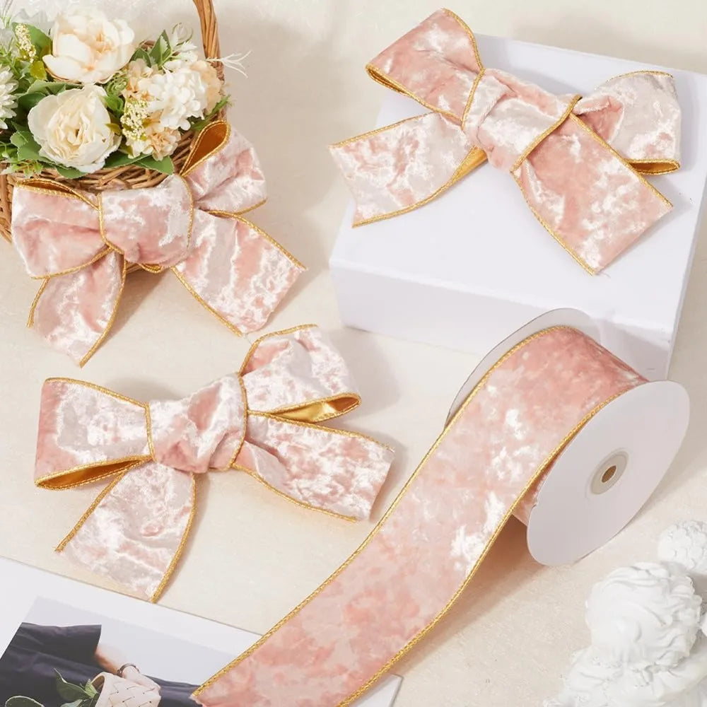 10 Yards Pink Velvet Wired Ribbon Gold Edge 2.5 Inch Bows Craft Ribbon Axl