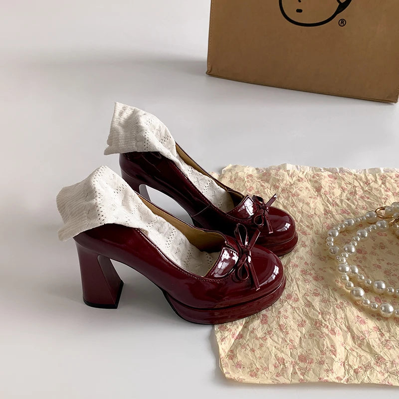 Women's Platform Mary Jane Pumps – Butterfly-Knot Slip-On Platform Mary Jane Pumps Axl wine red 39