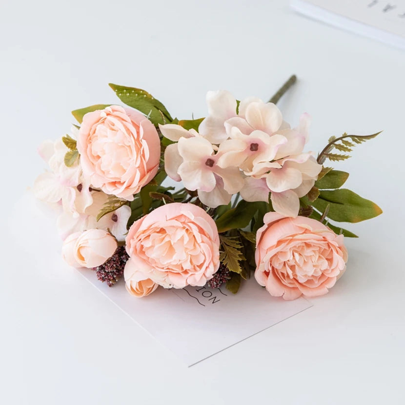 Silk Hydrangea Peony Artificial Flower Bouquet | Wedding & Home Artificial Flower Bouquet Axl color 9 3 pcs