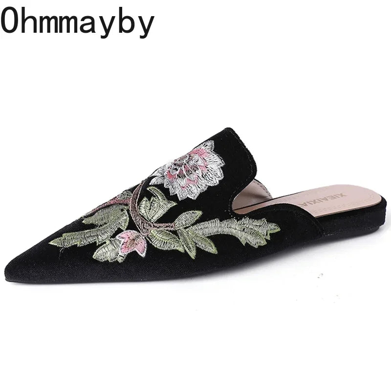Women's Embroidery Pointed Toe Mule Slides – Elegant Flat Slippers Women's Mule Slides Axl