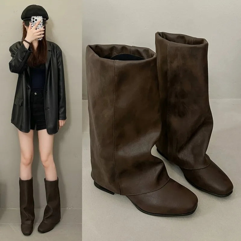 Women's Vintage Square Toe Mid-Calf Boots | Block Heel Slip-On Women's Mid-Calf Boots Axl