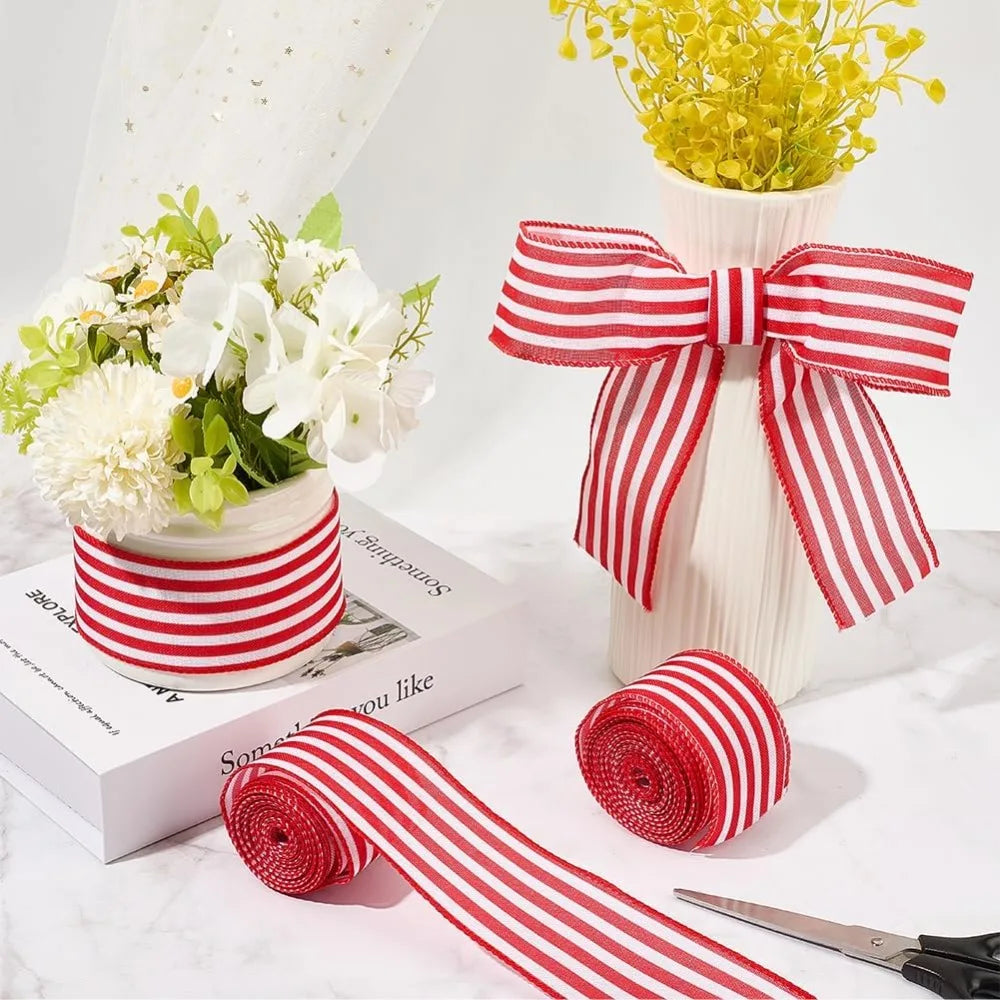Red & White Striped Wired Ribbon 2" Wide – 10.94 Yards Total Decorative Craft Ribbon Axl
