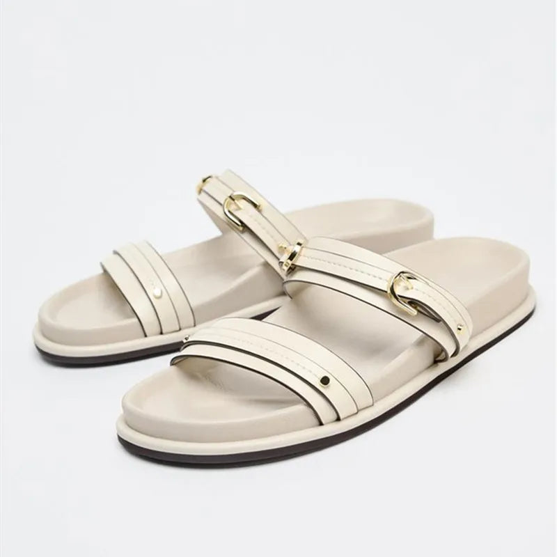 Women's Metal Buckle Flat Slide Sandals | Non-Slip Beach Slippers Flat Slide Sandals Axl White 35