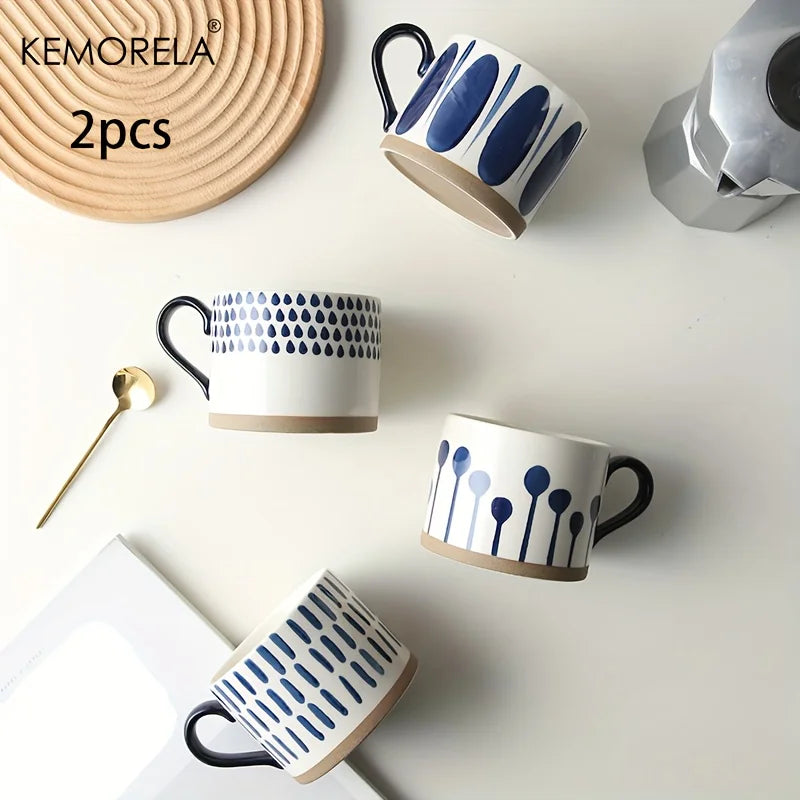 KEMORELA 2-Pack Ceramic Coffee Mugs – Blue & White Geometric Ceramic Coffee Mugs Axl