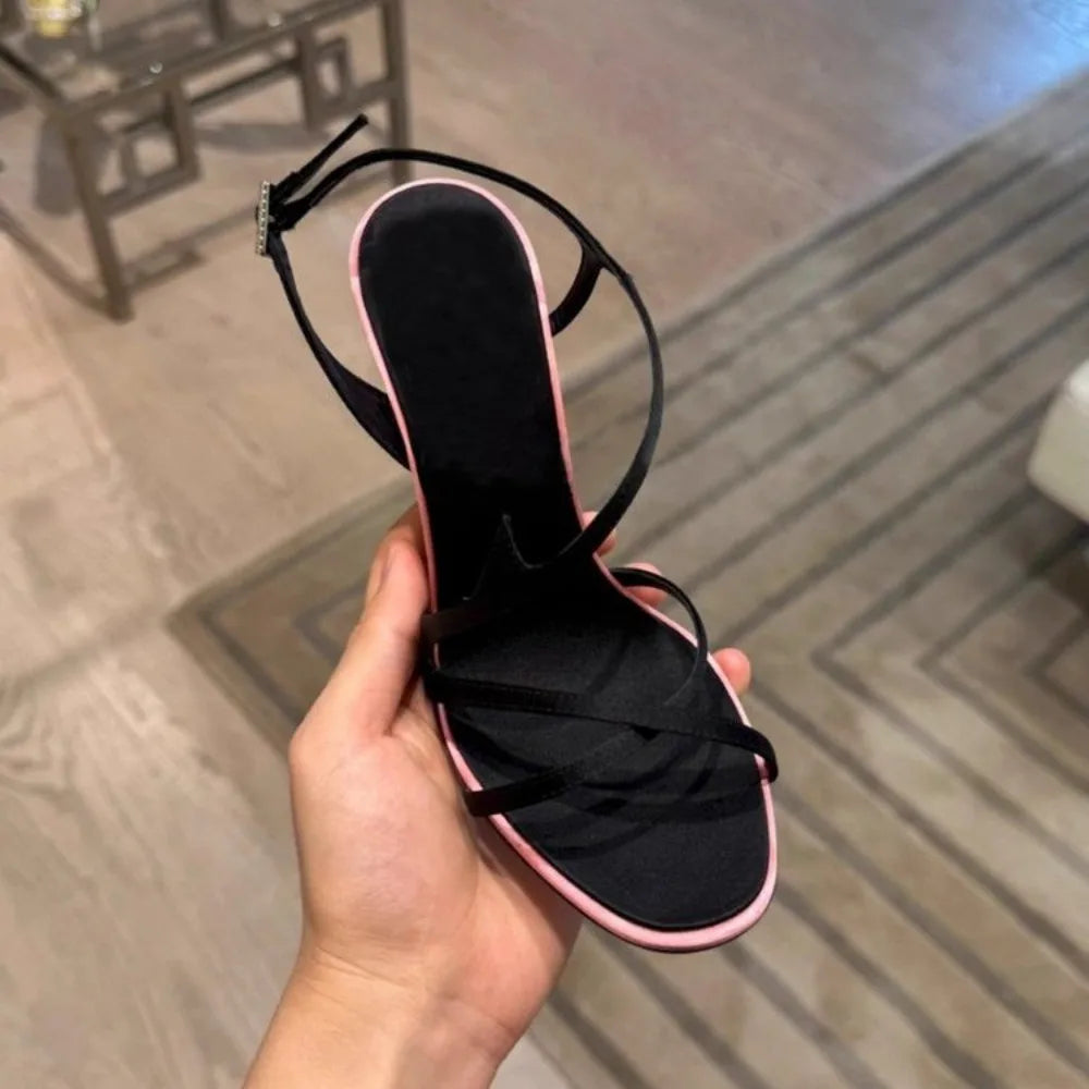 Women's Satin Color Block High Heel Sandals | Open Toe Buckle High Heel Sandals Axl