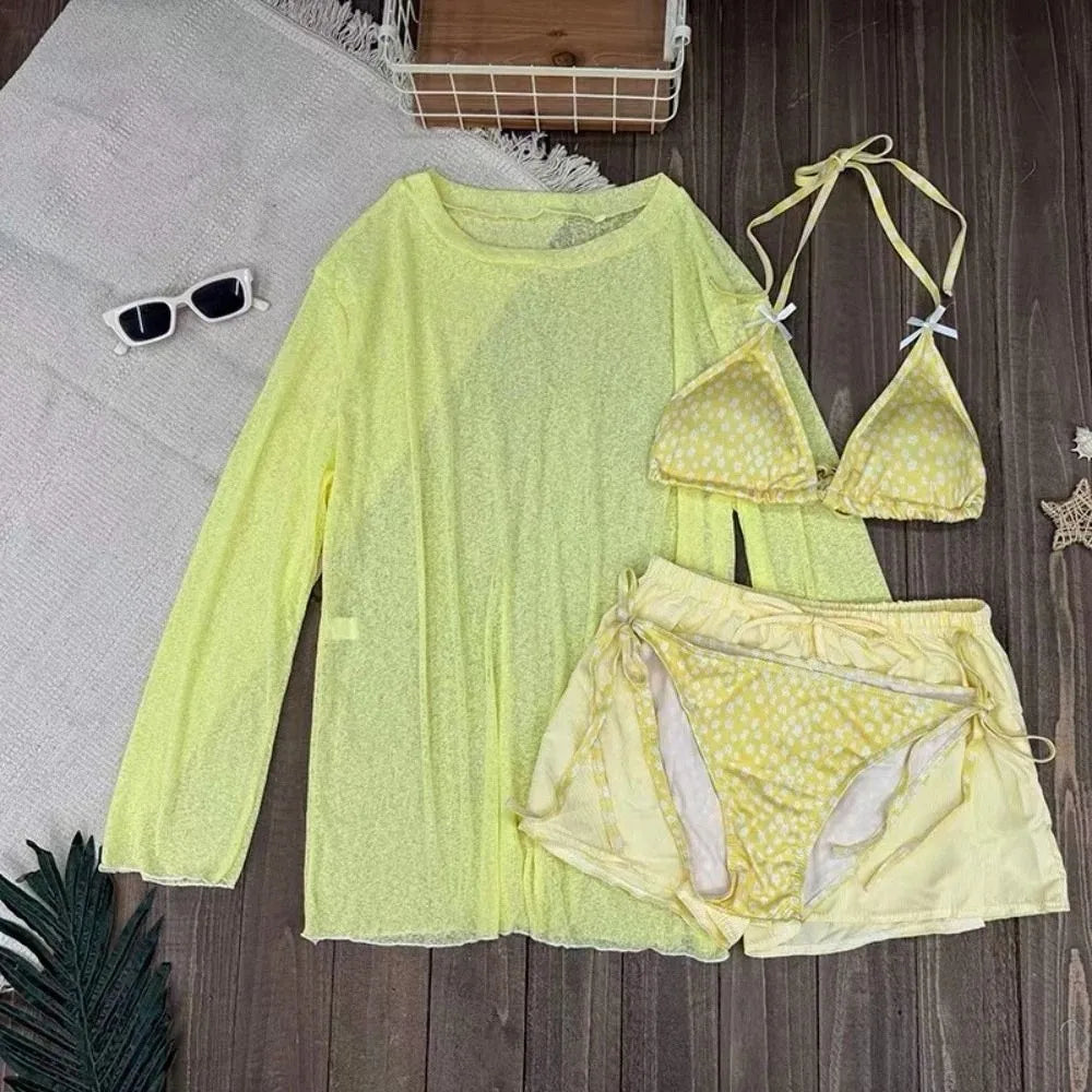 4-Piece Women's Lace-Up Bikini Set with Mesh Beach Cover-Up Women's Swimwear Set Axl