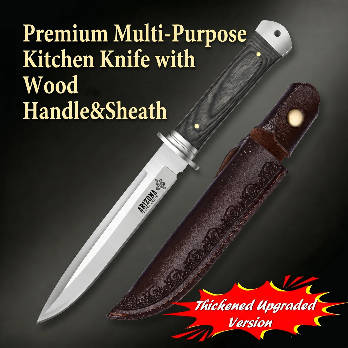 Fixed-Blade Kitchen Knife with Leather Sheath | 12.5" Steel Fixed-Blade Kitchen Knife Axl B