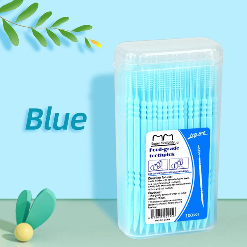100-Pack Double Head Dental Toothpick Brush & Floss Picks Dental Floss Picks Axl Blue