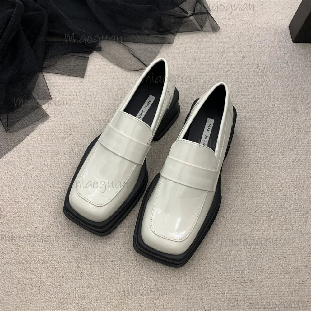 Women's British Retro Square Toe Slip-On Loafer Pumps Women's Loafer Pumps Axl
