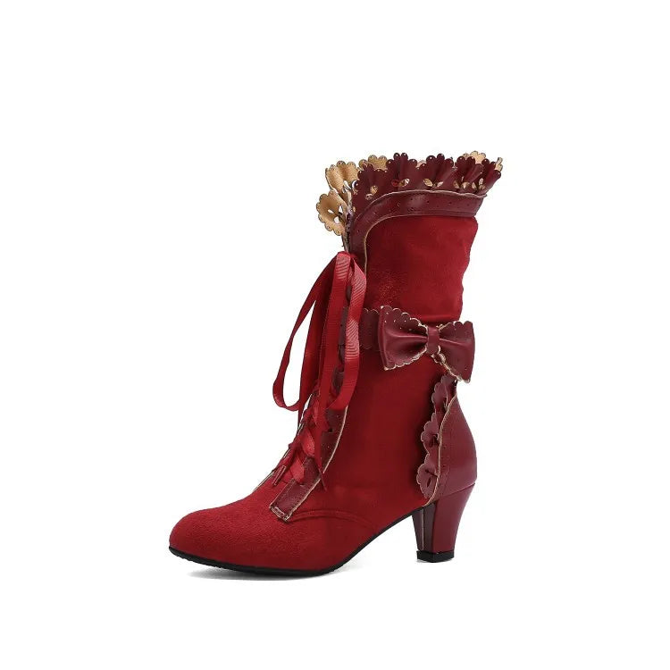 Women's Bow PU Leather Ankle Boots – Retro Knight High Heels Ankle Boots Axl Wine red 39