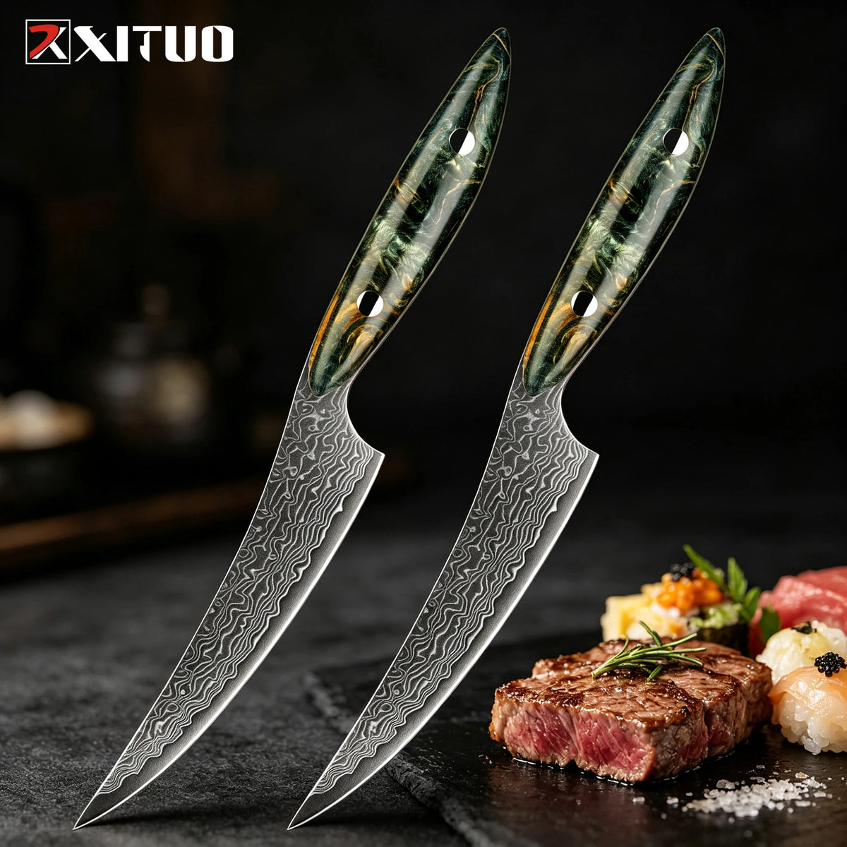XITUO Damascus Steel Steak Knife Set – Non-Serrated Full Tang Steak Knife Set Axl 2PCS Steak Knife