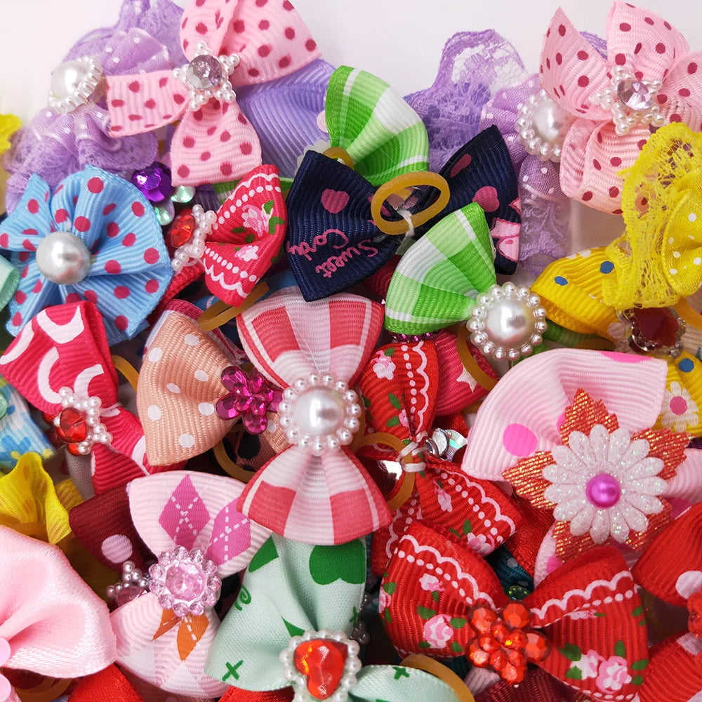 10-Pack Dog Hair Bows with Rubber Bands – Mixed Patterns Dog Grooming Bows Axl