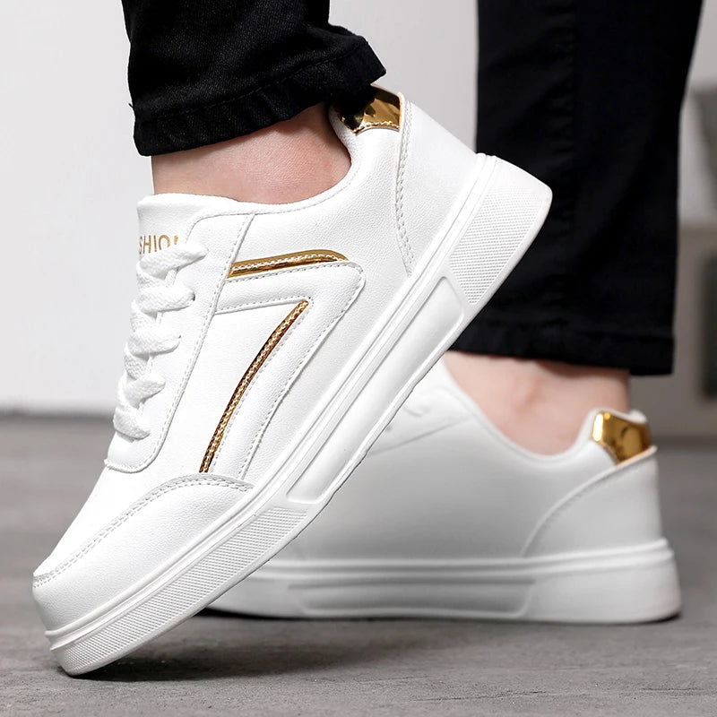 Women's White PU Leather Lace-Up Skateboard Sneakers Women's Sneakers Axl White Gold 44