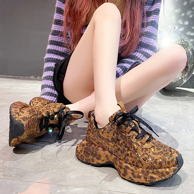 YEAE Women's Diamond Leopard Thick-Sole Sneakers | Lace-Up Fashion Sneakers Axl
