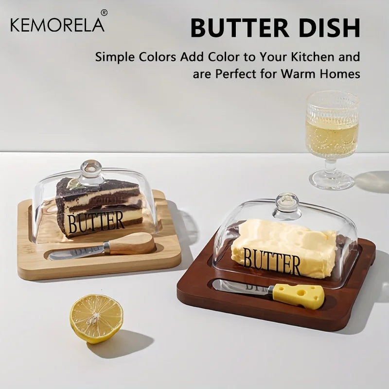 KEMORELA Wood Butter Dish with Glass Lid & Knife | Cheese Plate Butter Dish Set Axl