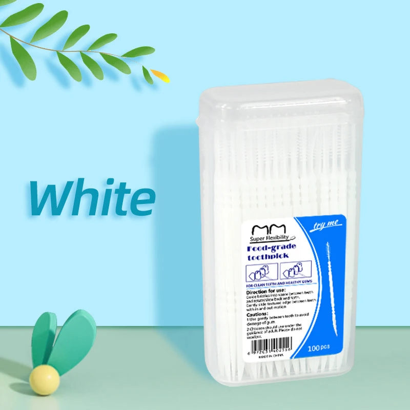 100-Pack Double Head Dental Toothpick Brush & Floss Picks Dental Floss Picks Axl White