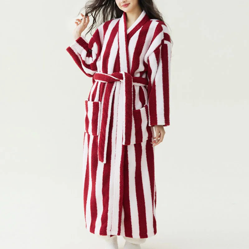 Women's Striped Velvet Bathrobe – Thick Flannel Lace-Up Robe Women's Bathrobe Axl